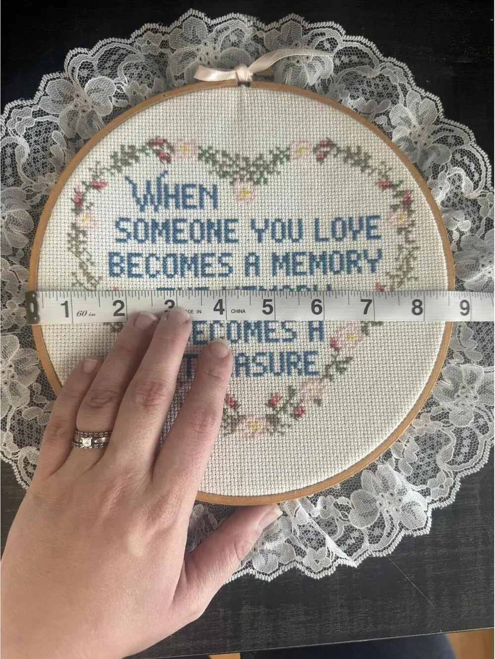 Vtg Handmade Cross Stitch Memorial Quote Wall Decor Lace Trim Embroidery Hoop